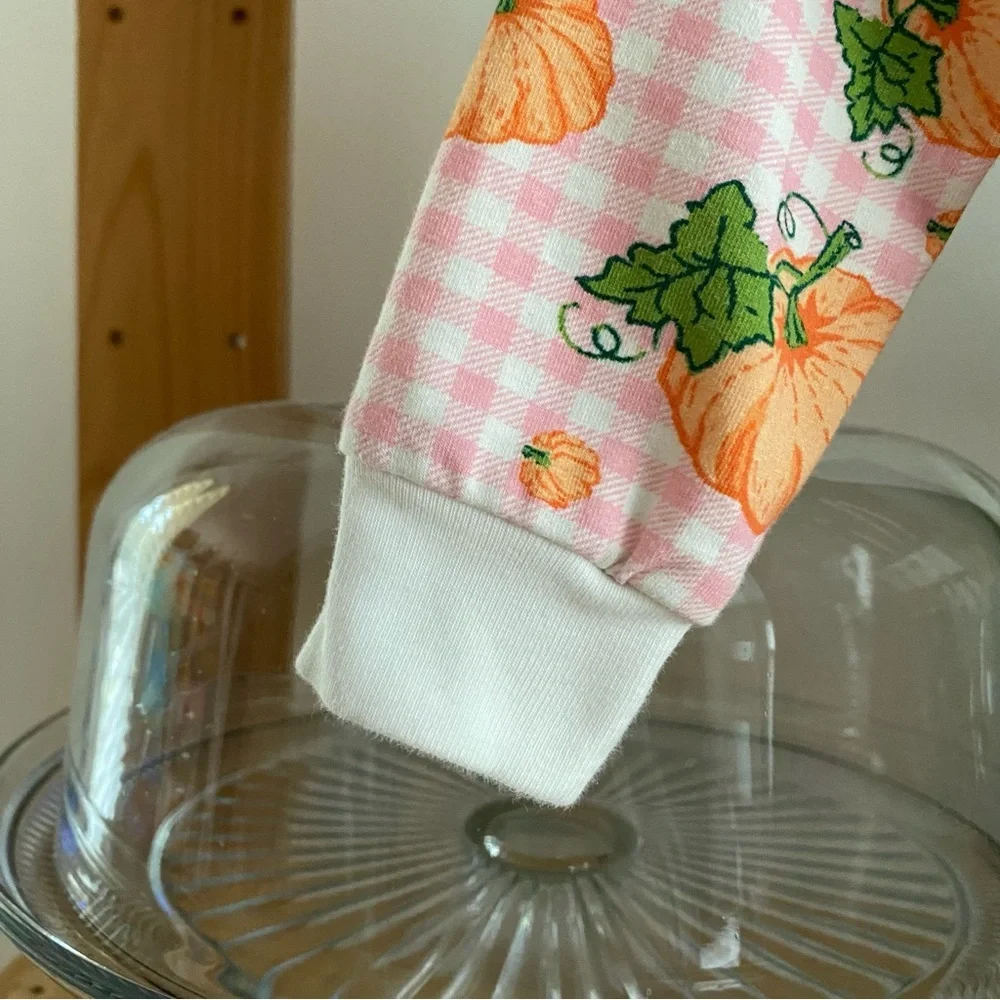 Classic Whimsy Pink Plaid Pumpkin Print Fall Halloween Pajama Set 18 months